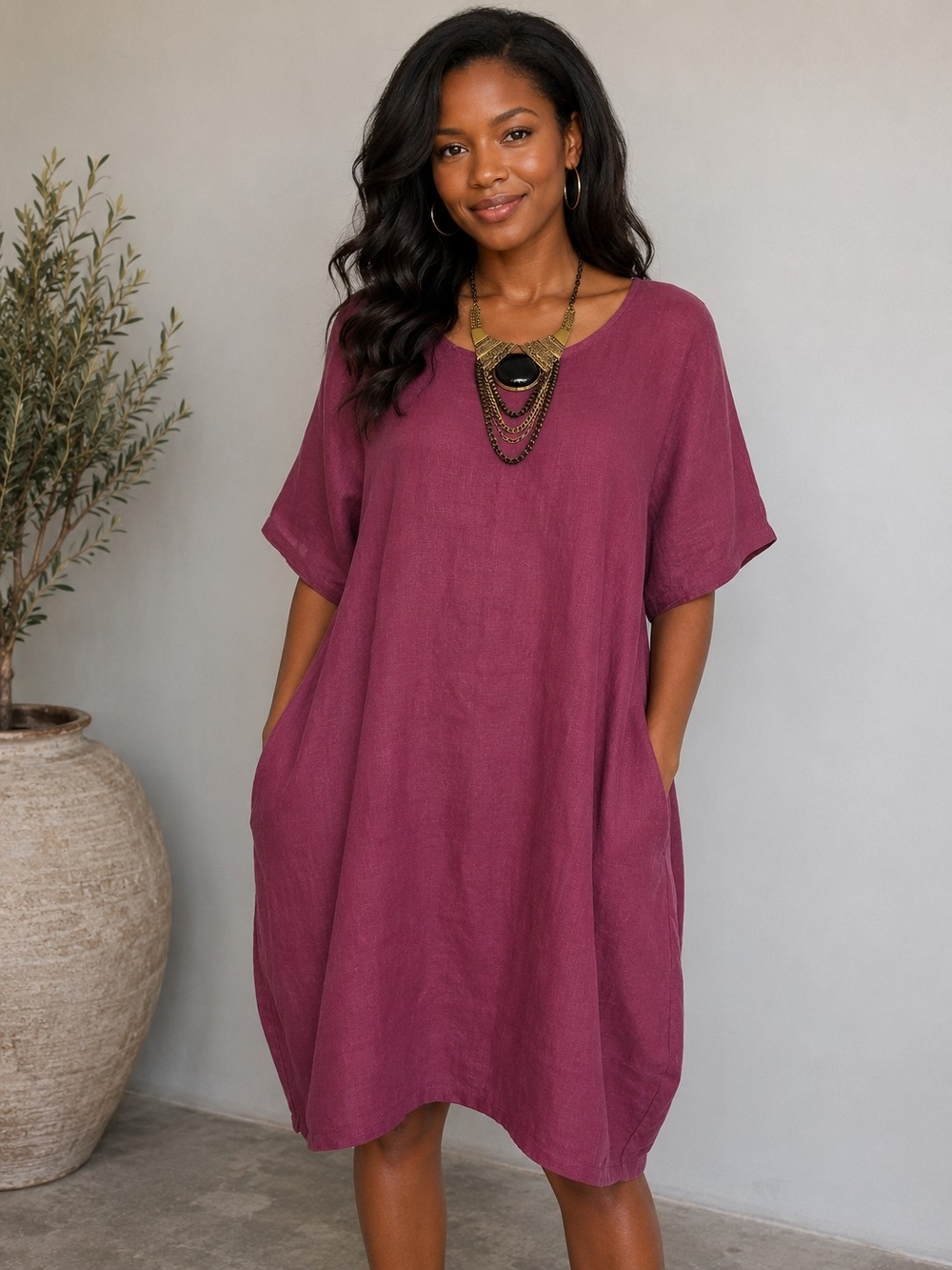 BRYN WALKER 100% Linen Purple Pockets Oversized Boho Mini Shift Dress Size XL